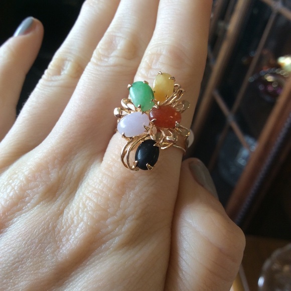 Retired Listing 14K Jade Multi Rainbow Stone Ring - Picture 2 of 8